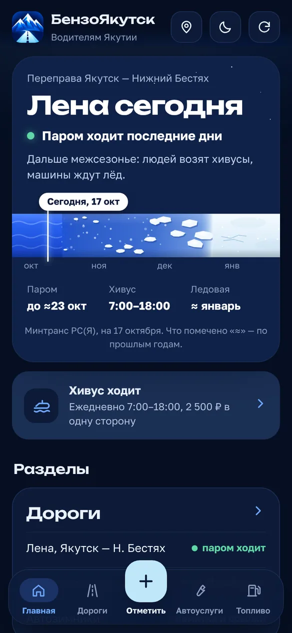 Главный экран приложения: «Лена сегодня» — режим переправы, полоса сезона «вода, шуга, лёд», хивус